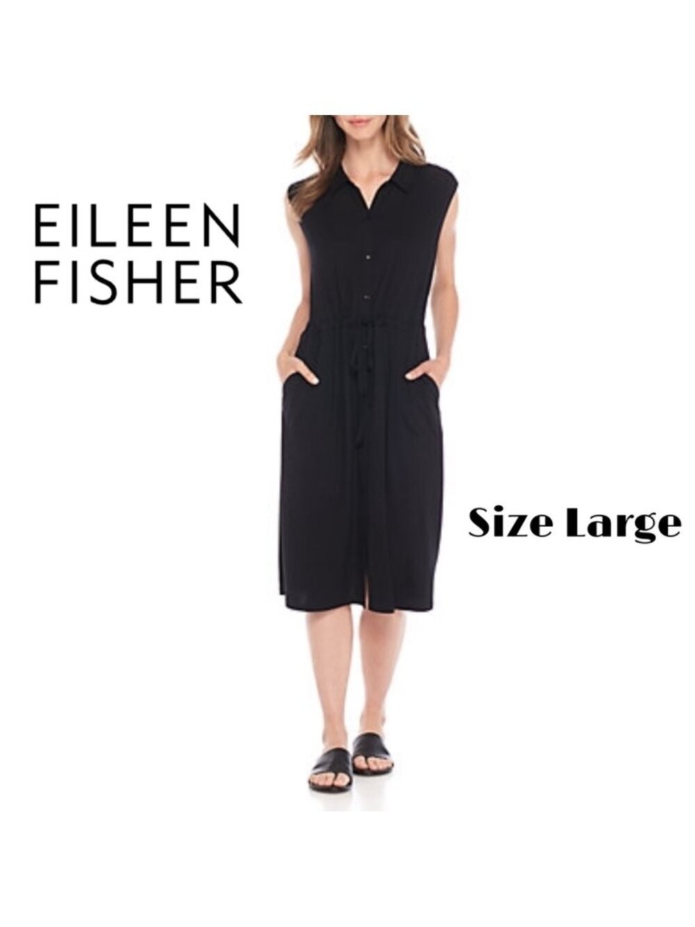 EUC Eileen Fisher Black Viscose Jersey Sleeveless Shirt Dress in Women's Large